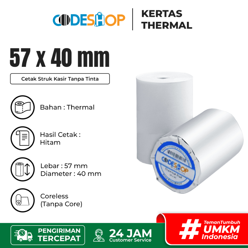 

Kertas Struk Thermal 57x40 mm Hitam Coreless Mesin Kasir Mobile POS
