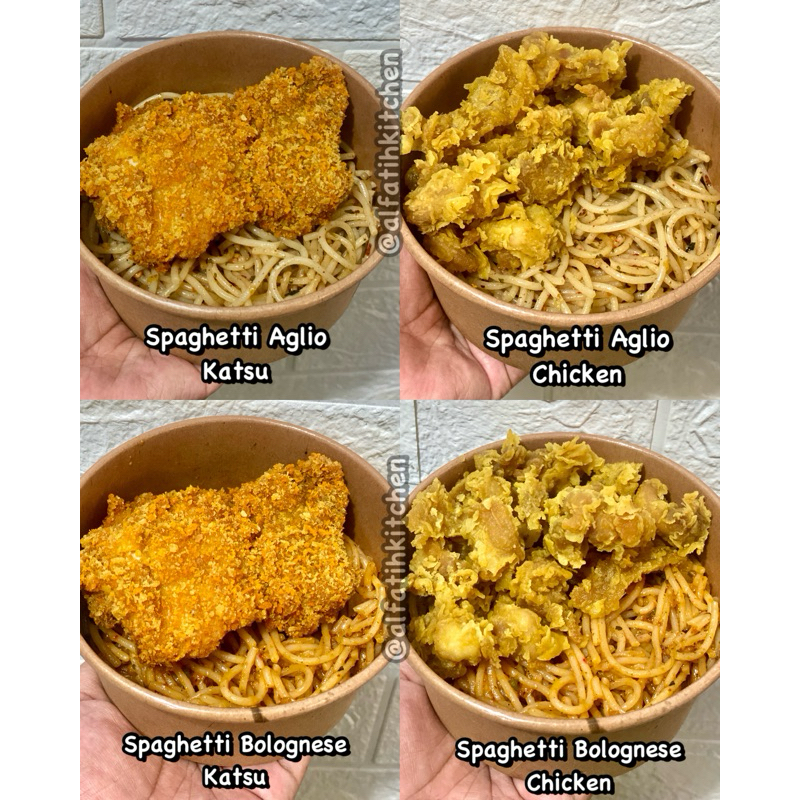 

Spaghetti Bolognese dan Spaghetti Aglio e Olio mix chicken popcorn dan chicken katsu ukuran 650ml