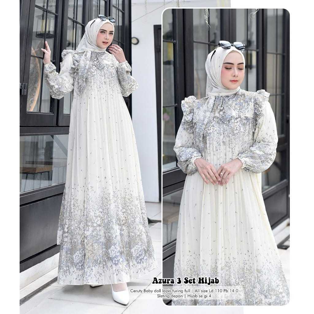 Unik Azura 3 Set Hijab Segi4 / Gamis Dress Plisket / Gamis Wanita Kekinian / Terbaru
