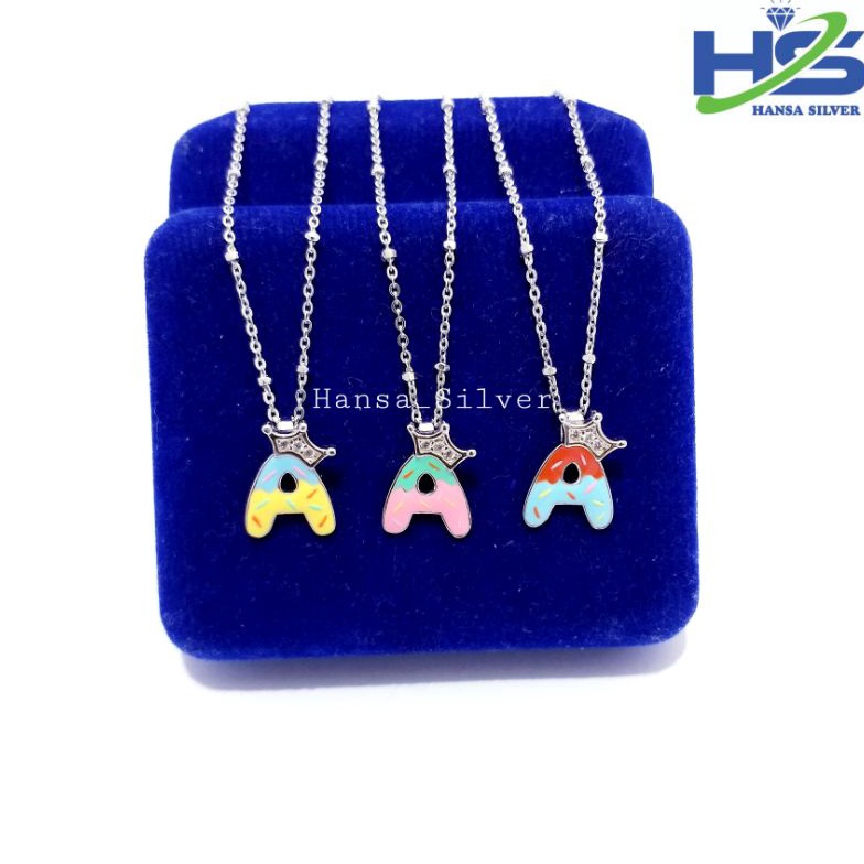 KODE B79Q Kalung Perak Anak Asli Silver 925 Lapis Emas Putih Model Rantai Jedar Liontin Huruf Alfabe