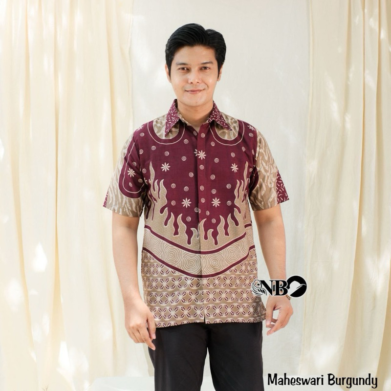 Kemeja Batik Pria Mewah Baju Katun Motif Hitam Panjang Cowok Casual Kerja Slimfit Ungu Kerah Kantor 