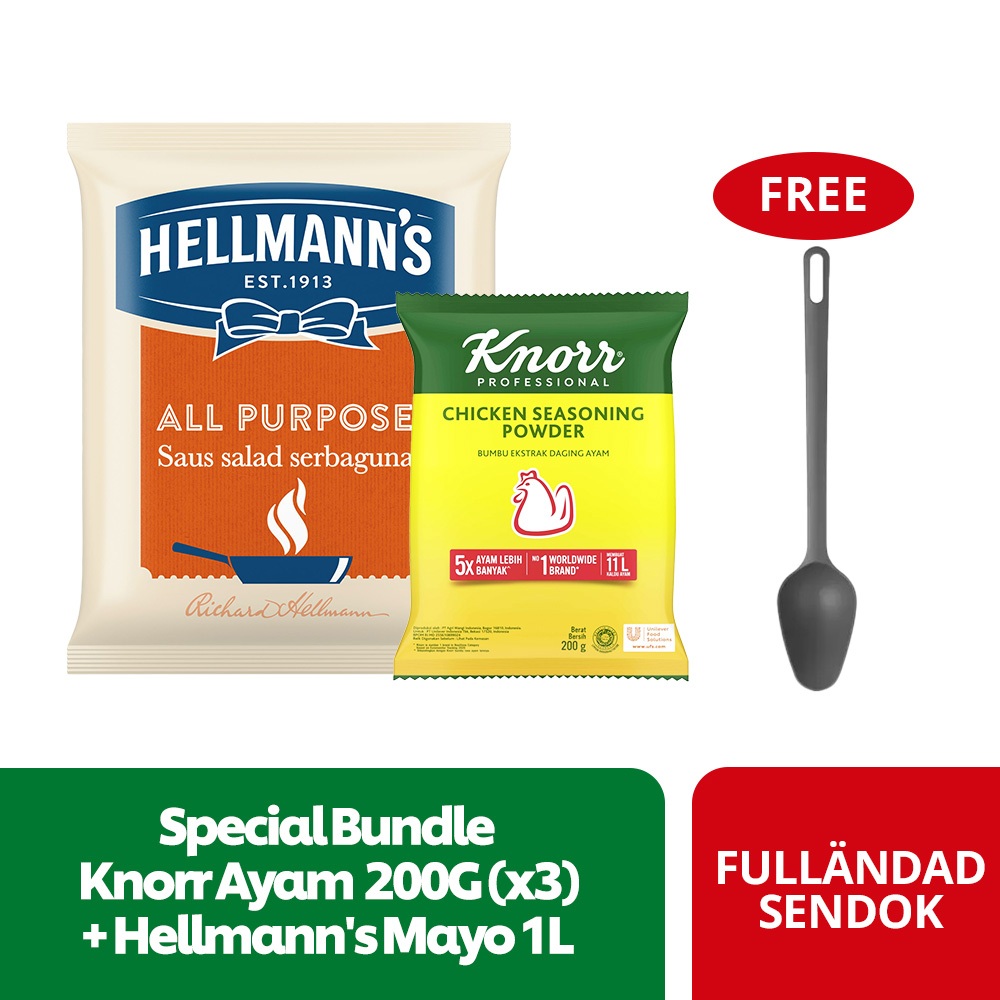 

Knorr Chicken Seasoning Powder 200G (x3) + Hellmann's All Purpose Mayo Pouch 1L Free Gift - FULLÄNDAD Sendok 33cm