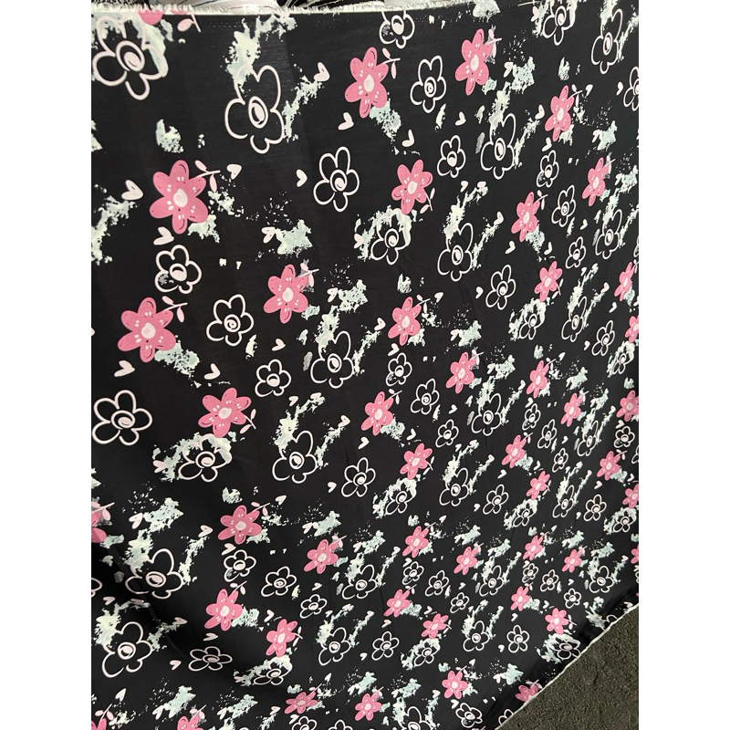 kain katun rayon viscose premium motif bunga hitam terbaru