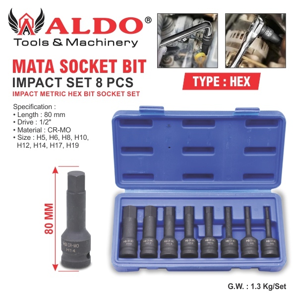 MATA SOCKET BIT IMPACT SET 8 PCS HEX / IMPACT METRIC HEX BIT SOCKET SET / MATA SOCK SET / SOCKET SET
