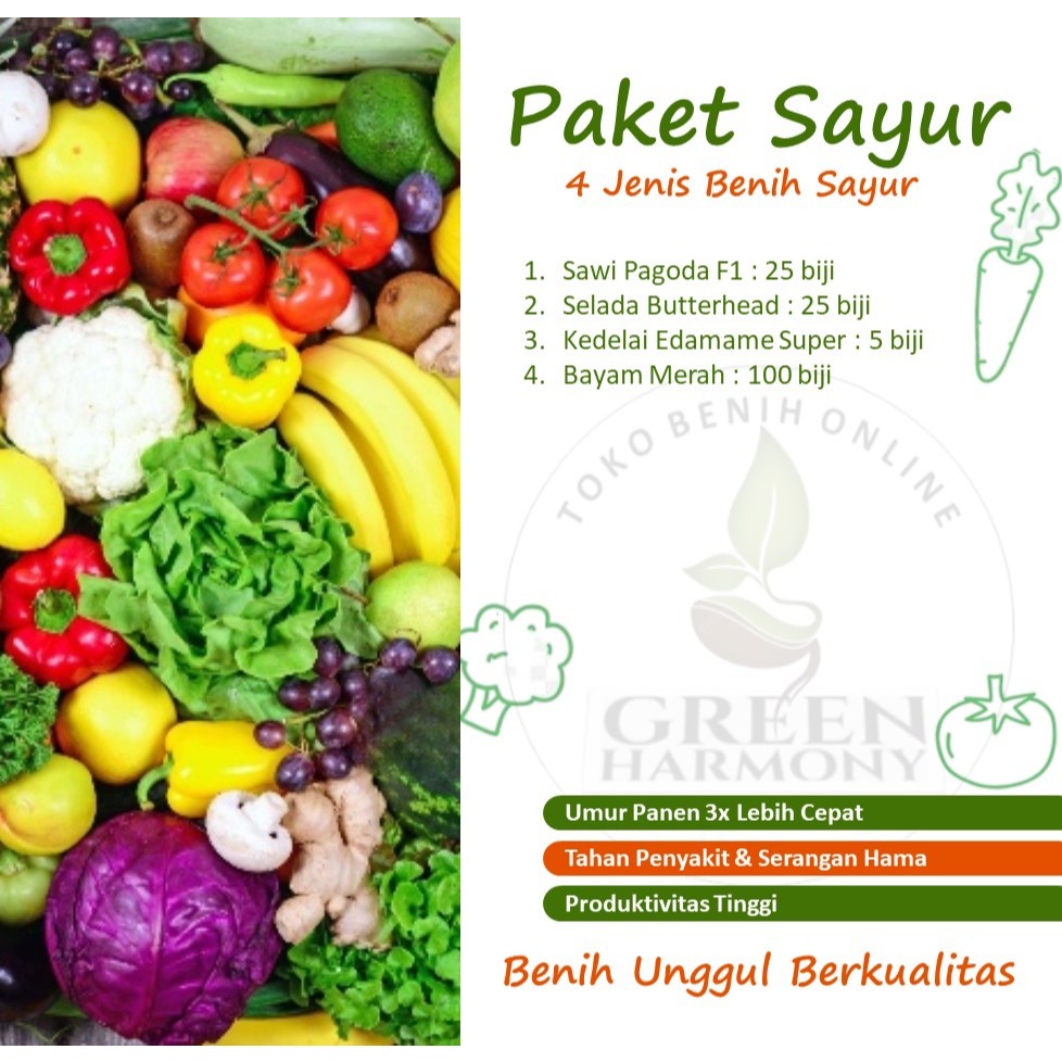 Paket Super Hemat 4 Jenis Bibit Benih Sayuran Sayur Sawi Pagoda F1 Selada Butterhead Kedelai Edamame