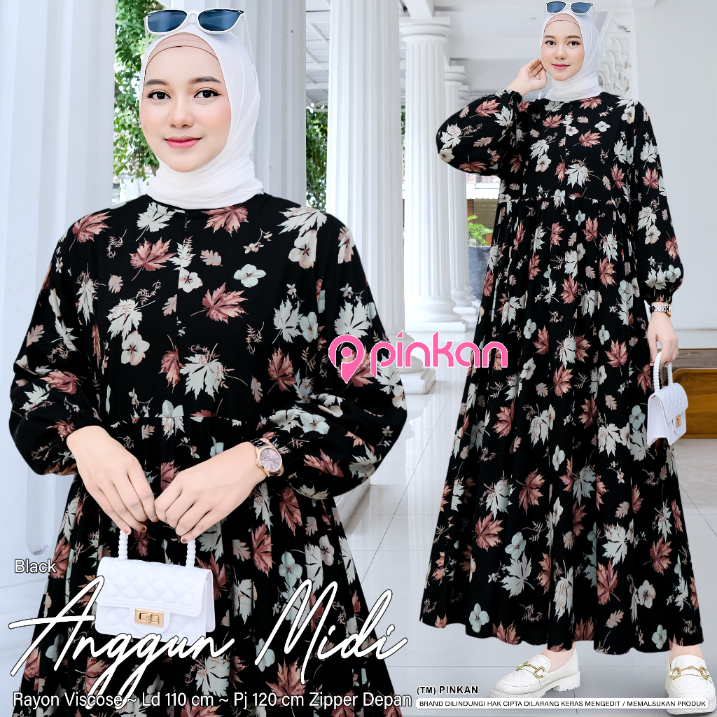 MIDI DRESS MOTIF BUNGA KECIL- KECIL BAHAN RAYON VISCOSE BUSUI