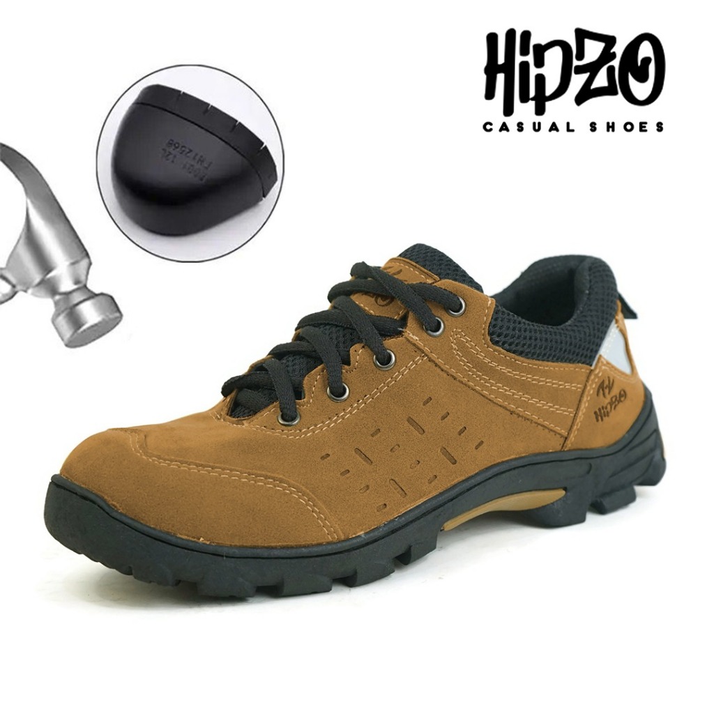 HIPZO Sepatu Safety Ujung Besi M076 Untuk Pria Kerja Outdoor Ori Tambang Proyek Sol Full Karet