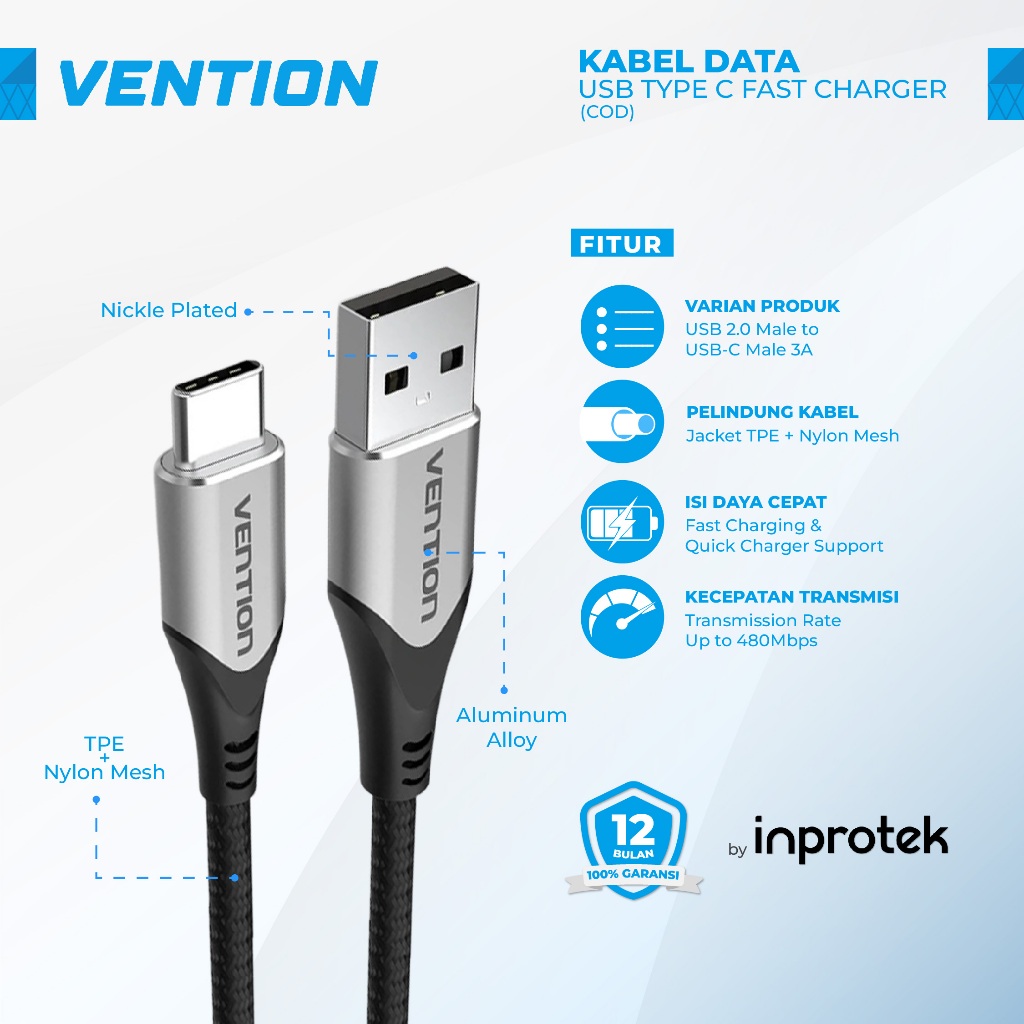 Vention Kabel Data USB Type C Fast Charging Android Samsung Xiaomi