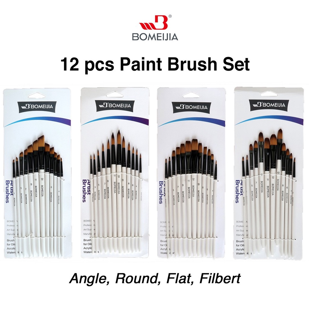 

KODE A46A BOMEIJIA Artist Short Handle Brush Round Filbert Angle Flat 12pcs