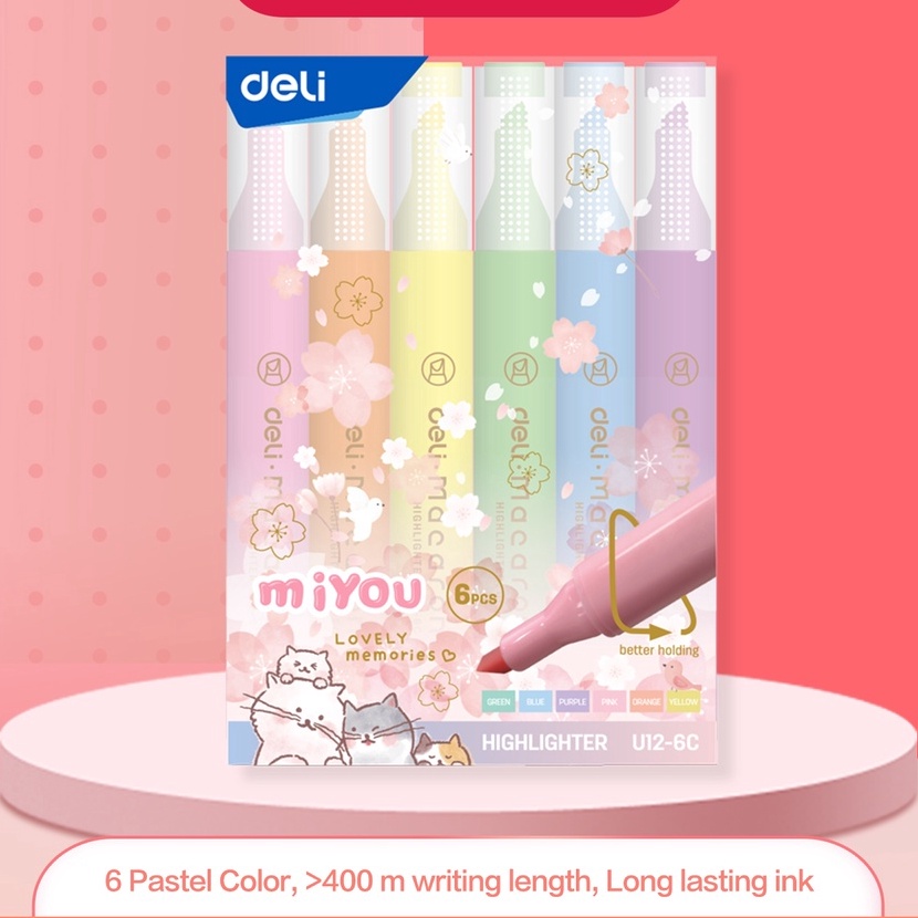 

KI3 Deli Hhlhter Penanda Warna Pastel 1 Set Isi 6 Warna Cerah dan Soft Kemasan Mika Lucu EU126C