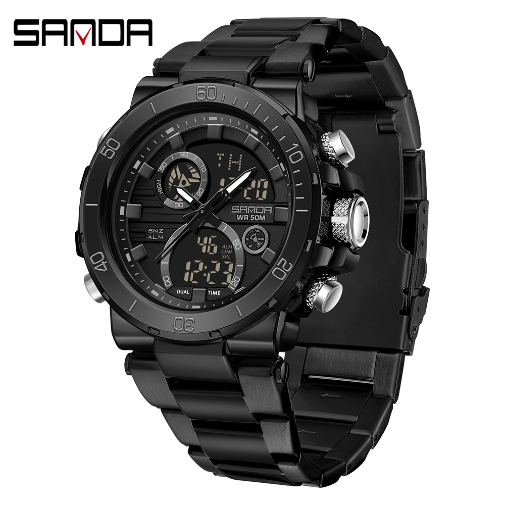 Jam Tangan Pria SANDA 6175 Anti Air 100% Original DigitalAnalog Rantai Stainless Steel Men Watch COD