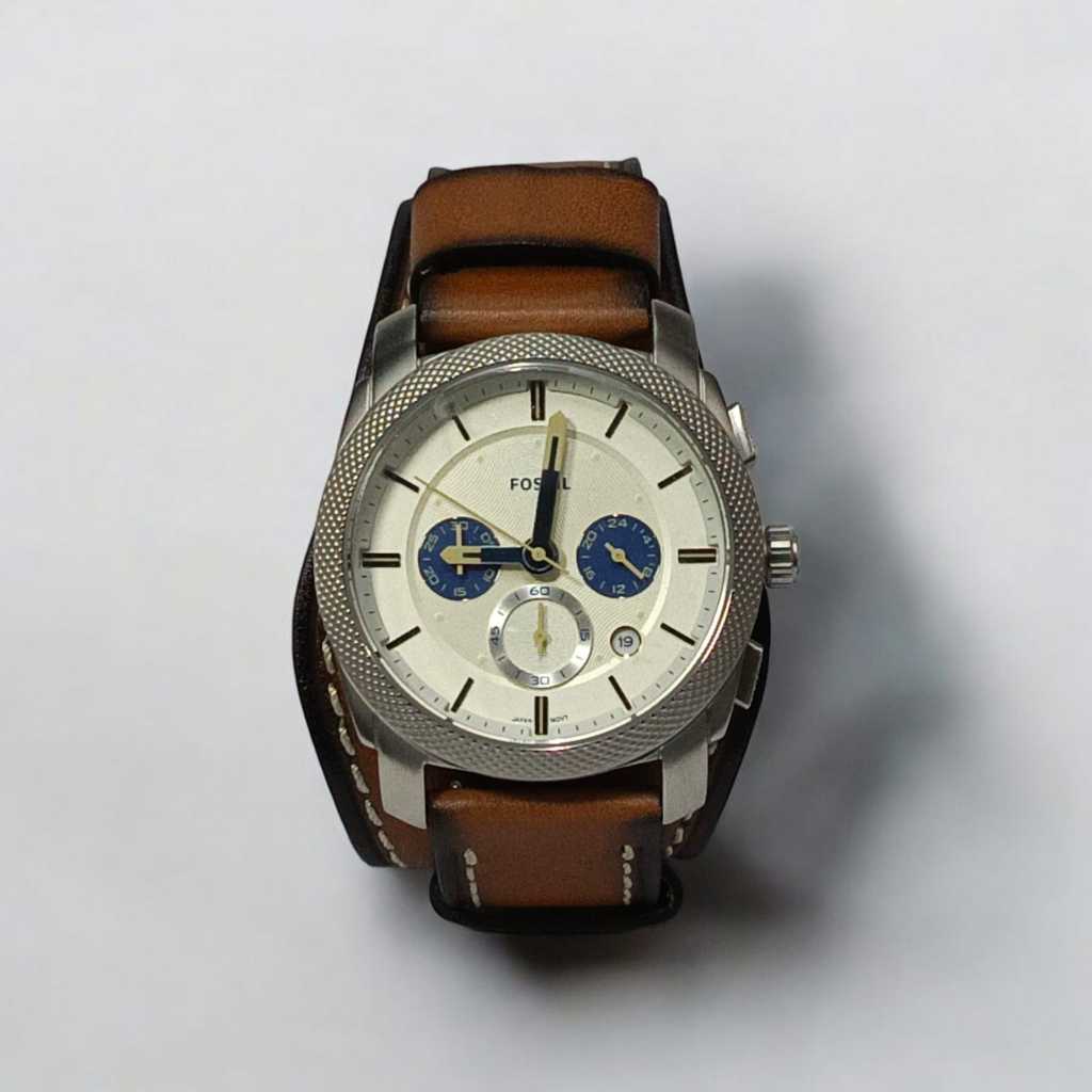 Jam Branded Ori FOSL Machine FS5922 Chronograph Men White Dial Tan Eco Leather Strap
