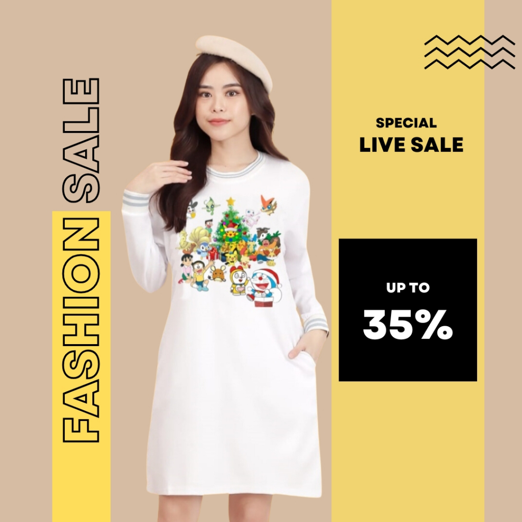 Kaos Dress Putih Wanita Terbaru Motif Natal Kartun Jepang Lengan Panjang