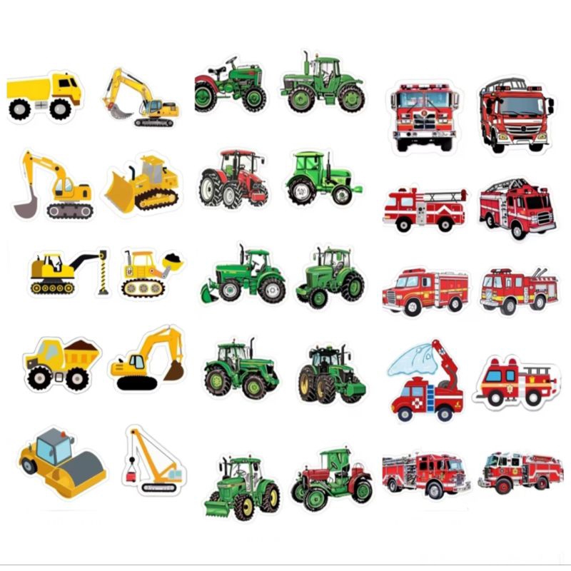 

60 Pcs - Stiker Deco Motif Kendaraan Sticker FIRE TRUCK / TRAIN / EXCAVATOR / TRACTOR Stiker Deco DIY