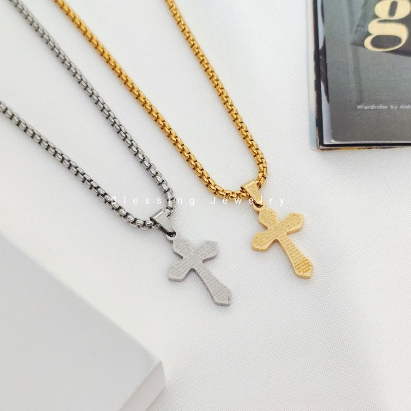 Kalung Salib Doa Bapa Kami Bunda Maria Pria Wanita Warna Emas dan Silver
