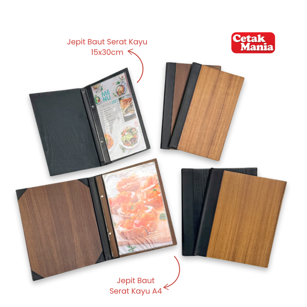 

Cetak Mania - Buku Menu Kayu Vinyl Jepit Baut Isi Plastik Mika A4 dan 15x30 Coklat Muda, Coklat Tua, Hitam - Cafe, Coffee Shop, Restoran, Hotel