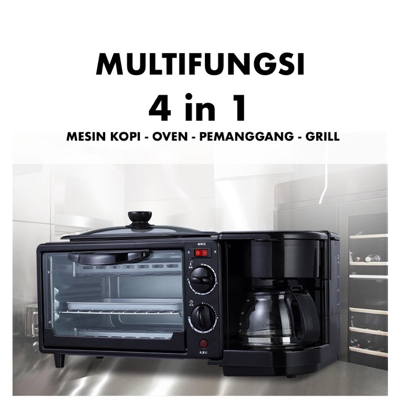 Multifungsi Breakfast Maker Mesin kopi Oven Listrik 4 in 1 9L Electric Grill Panci BBQ Low Watt Toas
