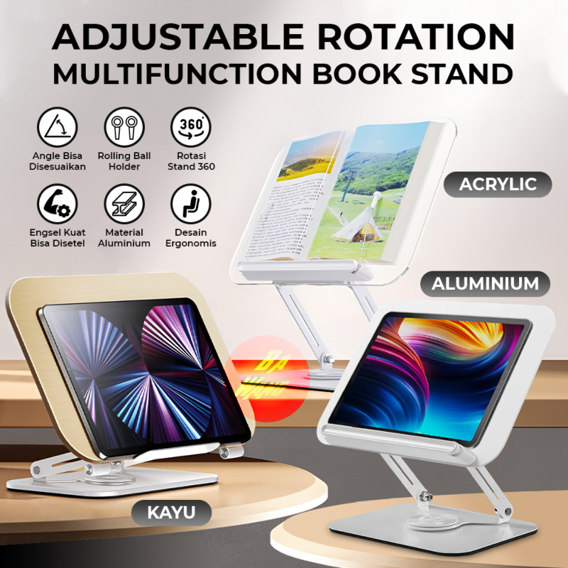Stand Standing Holder Dudukan Kayu Acrylic Buku Tablet Tab iPad Rotary 360