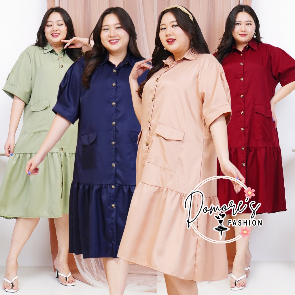 Domore Dress Big Size Gaun Jumbo Wanita Kancing DresJumbo Ld 130 Premium Baju Kantong Lengan Pendek