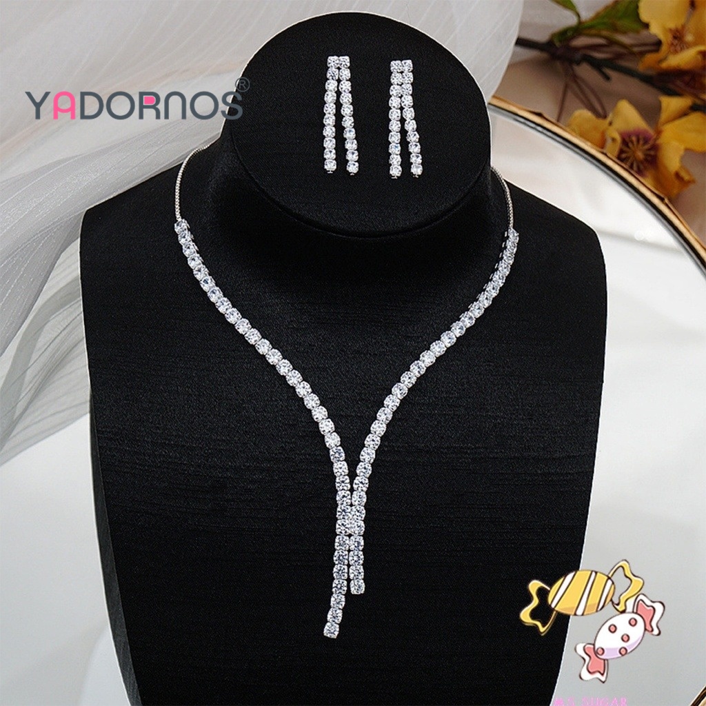 Yadornos Kalung Crystal Set Anting - Kalung Pernikahan - Kalung Anting Liontin - Aksesoris Pengantin