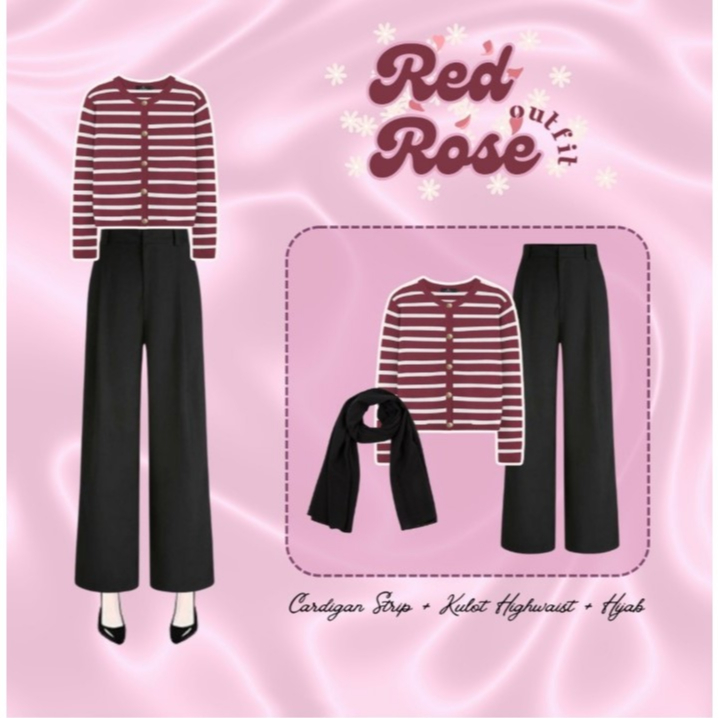 Red Rose Outfit (Hijab, Cardigan, Celana) OOTD Hijab Style Remaja