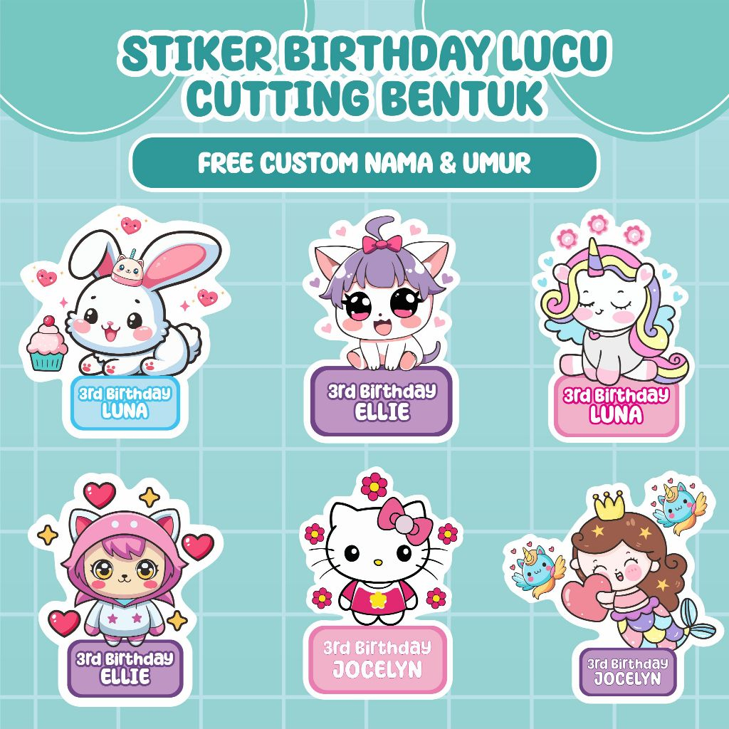 

Stiker Birthday Cutting Bentuk Souvenir | StikerLabel Cutting | Stiker Nama Custom Kisscut