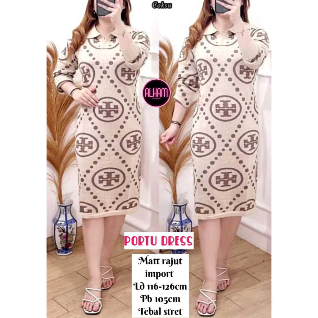 Portu Tunik Dress Rajut Gamis Wanita Harian LD 110 - 130 Knit Import Tebal Adem Korean Style