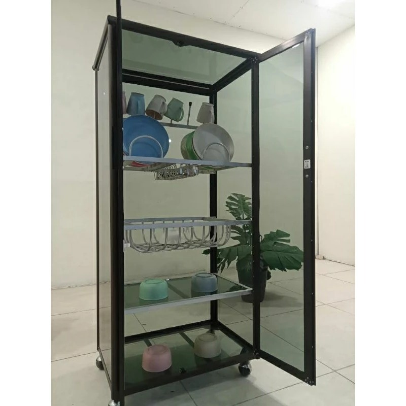 rak piring fullbox 1 pintu full kaca tiang alumunium holo/rak piring/rak piring alumunium/anti karat