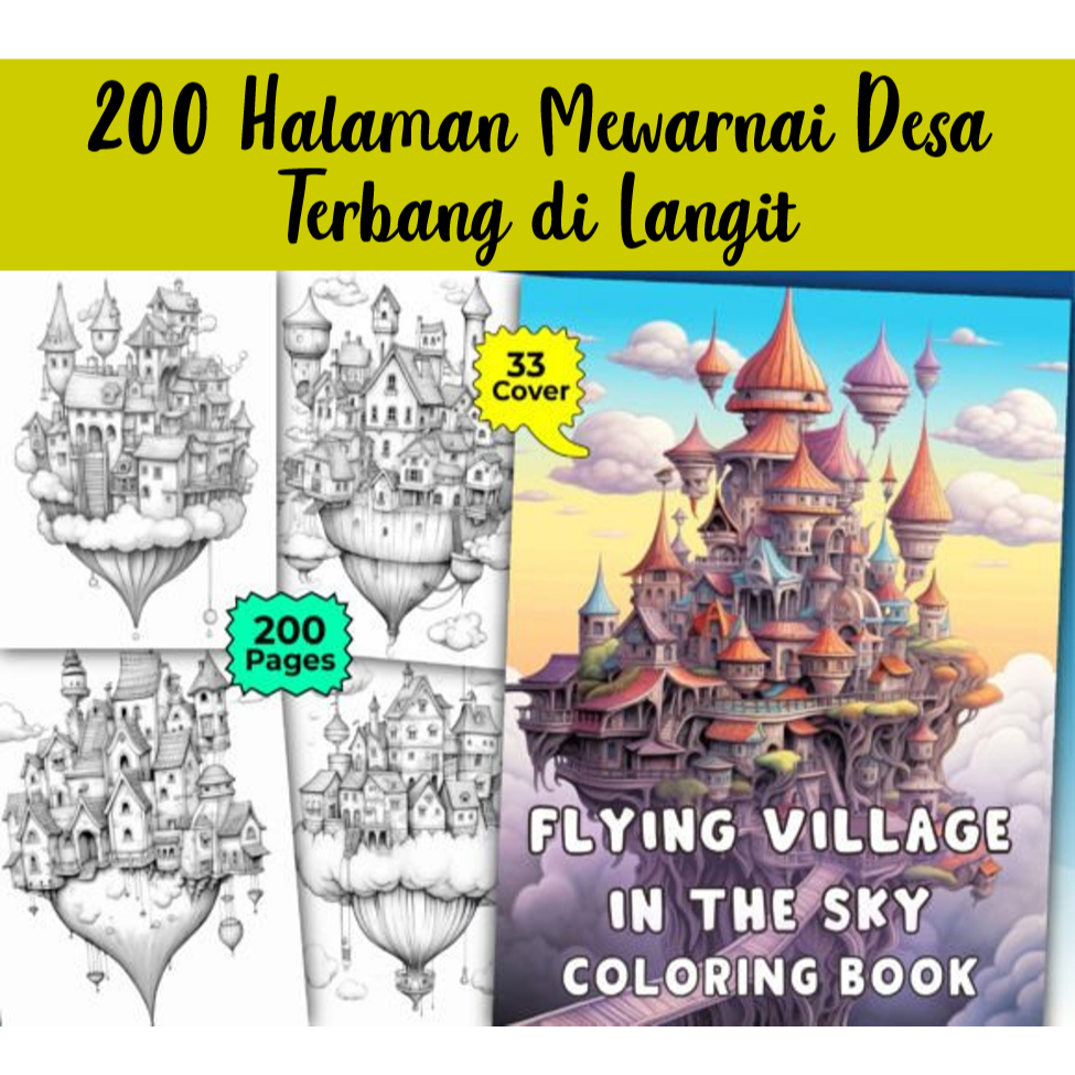 200 Halaman Mewarnai Desa Terbang di Langit