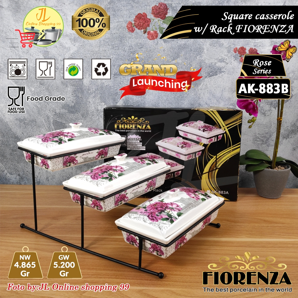 FIORENZA wadah Prasmanan segi bertingkat motif rose porselen AK-883B / square casserole with rack ce