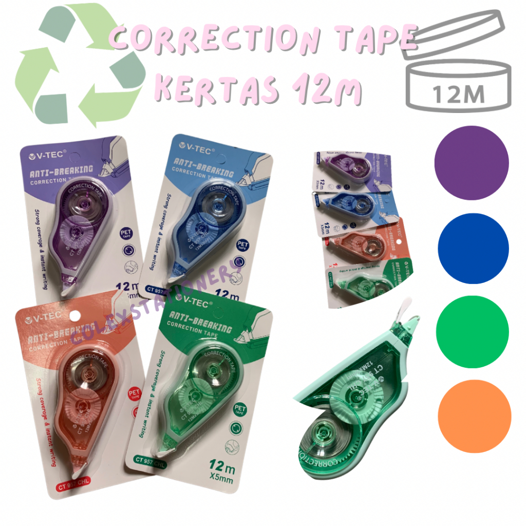 

Tip-Ex Kertas Murah / Correction Tape Kertas 4 Warna High Quality Ukuran Sedang 12M Ct-957 Vtec (1 Pcs)