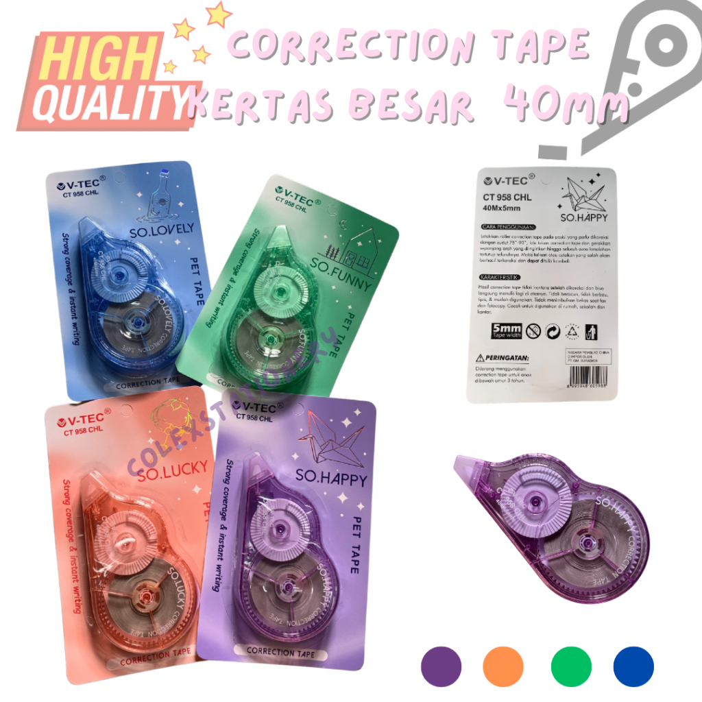 

Tip Ex Kertas Jumbo Murah / Correction Tarik Ukuran Besar 4 Warna High Quality 40m x 5mm CT-958 Vtec