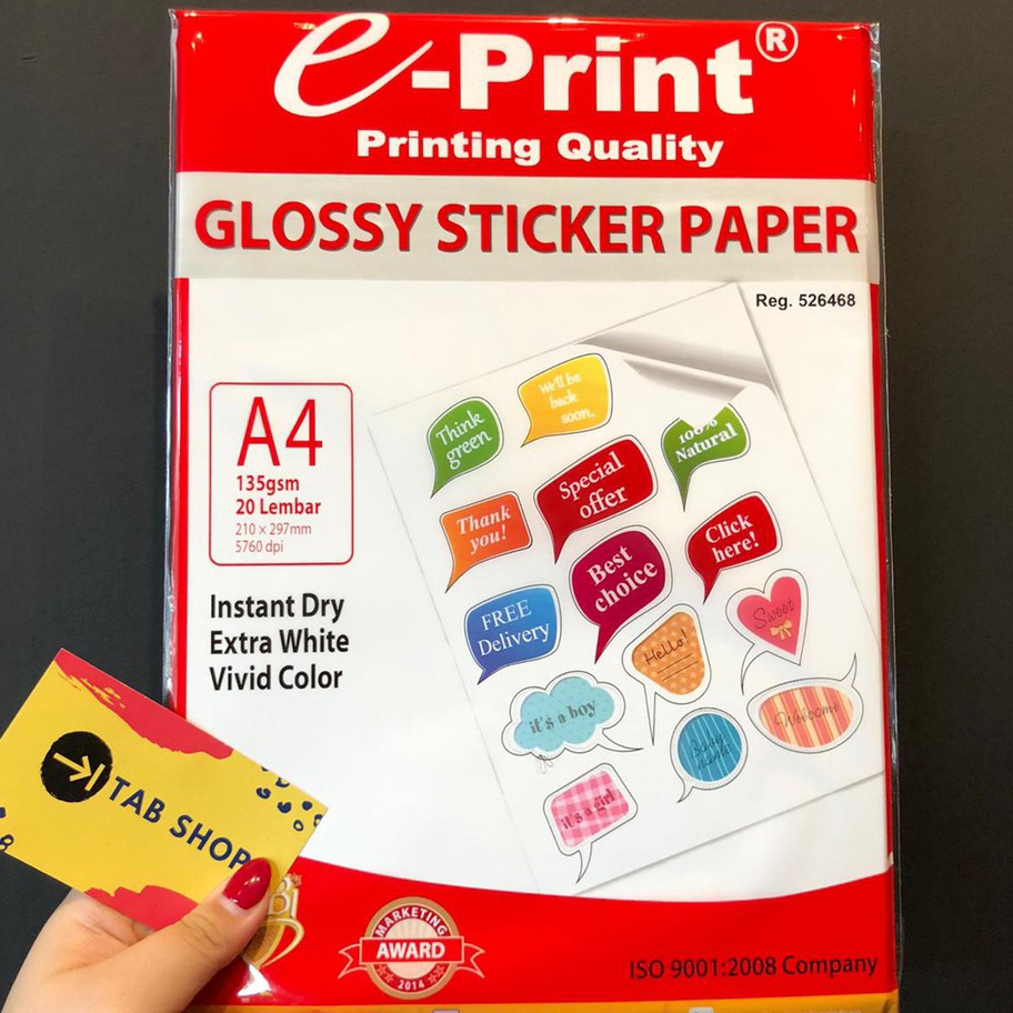 

FG2 TAB SHOP EPRINT GLOSSY STICKER PHOTO PAPER A4 135 GSM 2 SHEETS EPRINT KES STIKER MENGKILAP A4 135 GSM