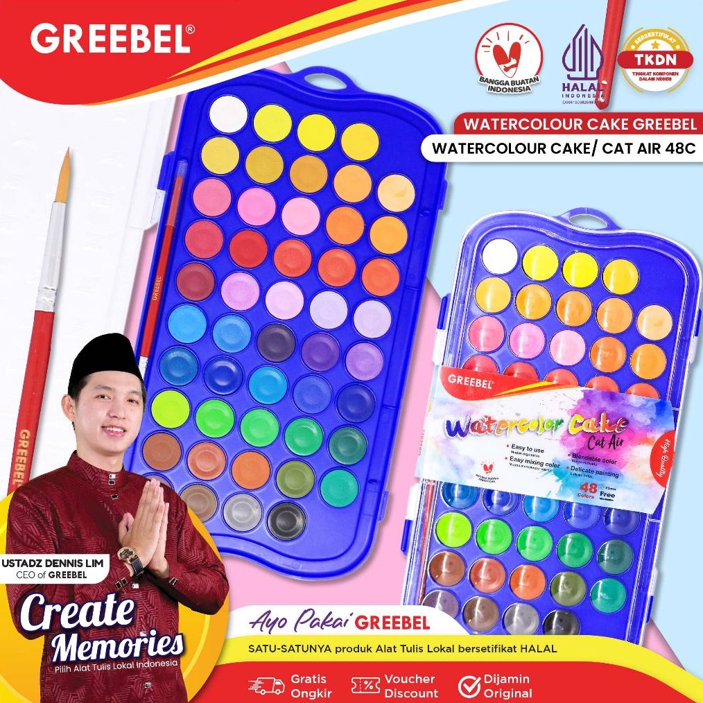 

GREEBEL Cat Air Isi 48 Warna Watercolor Cake Gratis Kuas 48C CAKE Cat Air Cat Lukis Melukis Mewarnai ART Q5F3