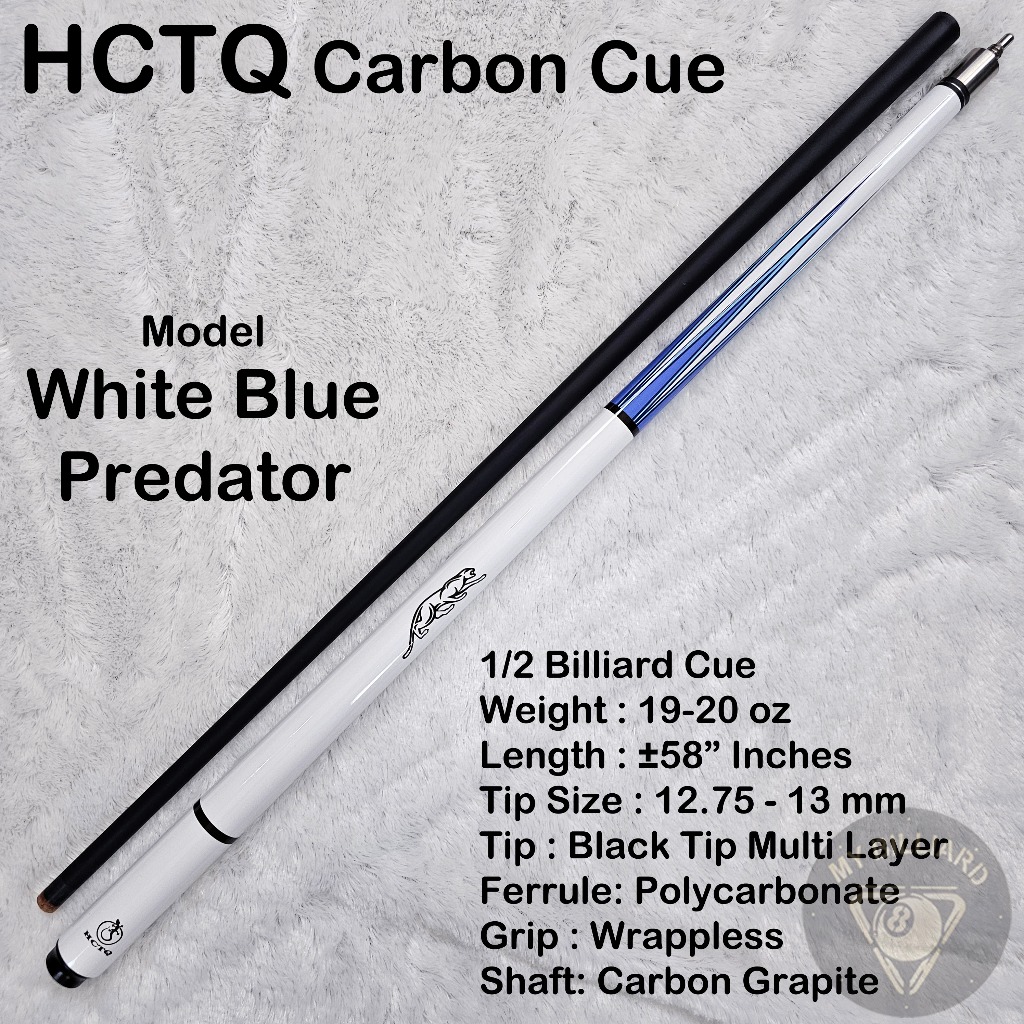 terbaru hctq carbon cue white blue predator stick billiard 13mm - stik billiar hctq cue karbon
