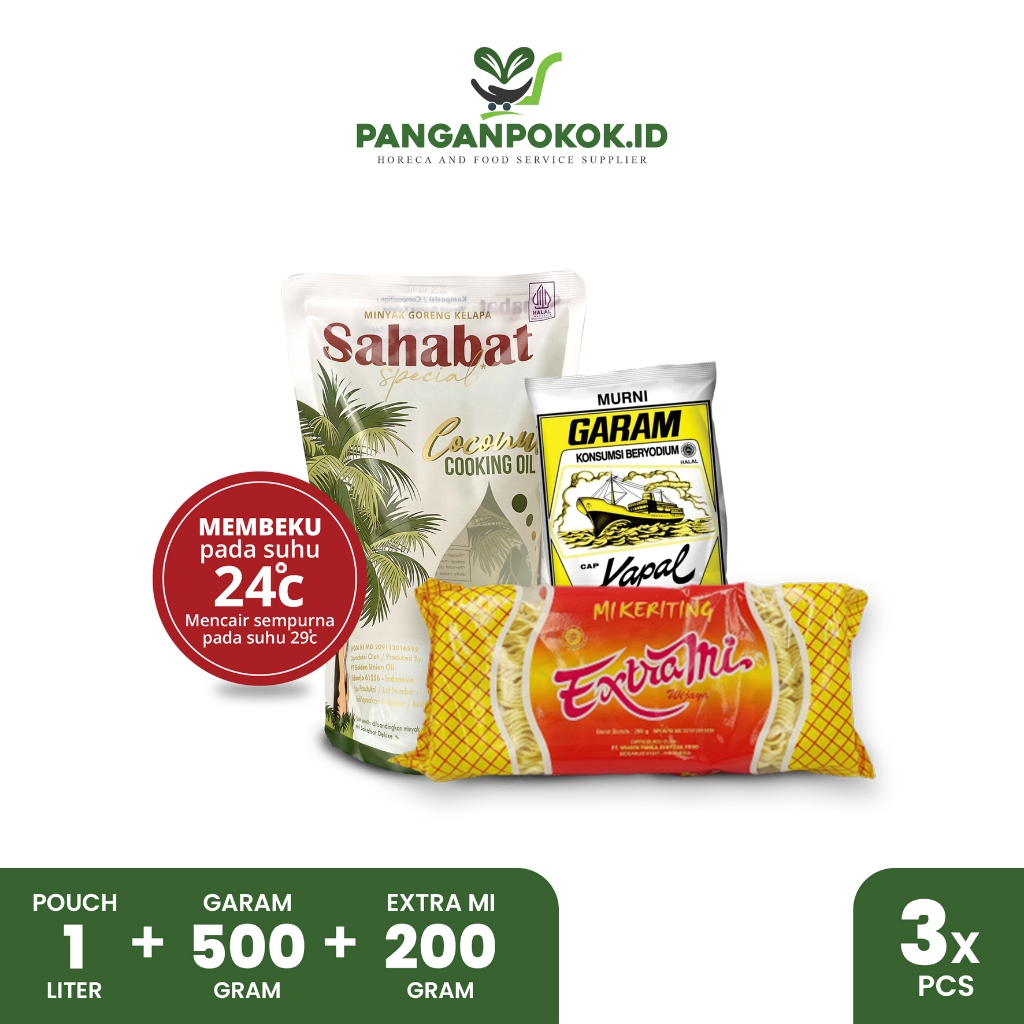 

Bundling Minyak Kelapa Sahabat Pouch 1L + Garam 500gr + Mie Keriting Extra Mi