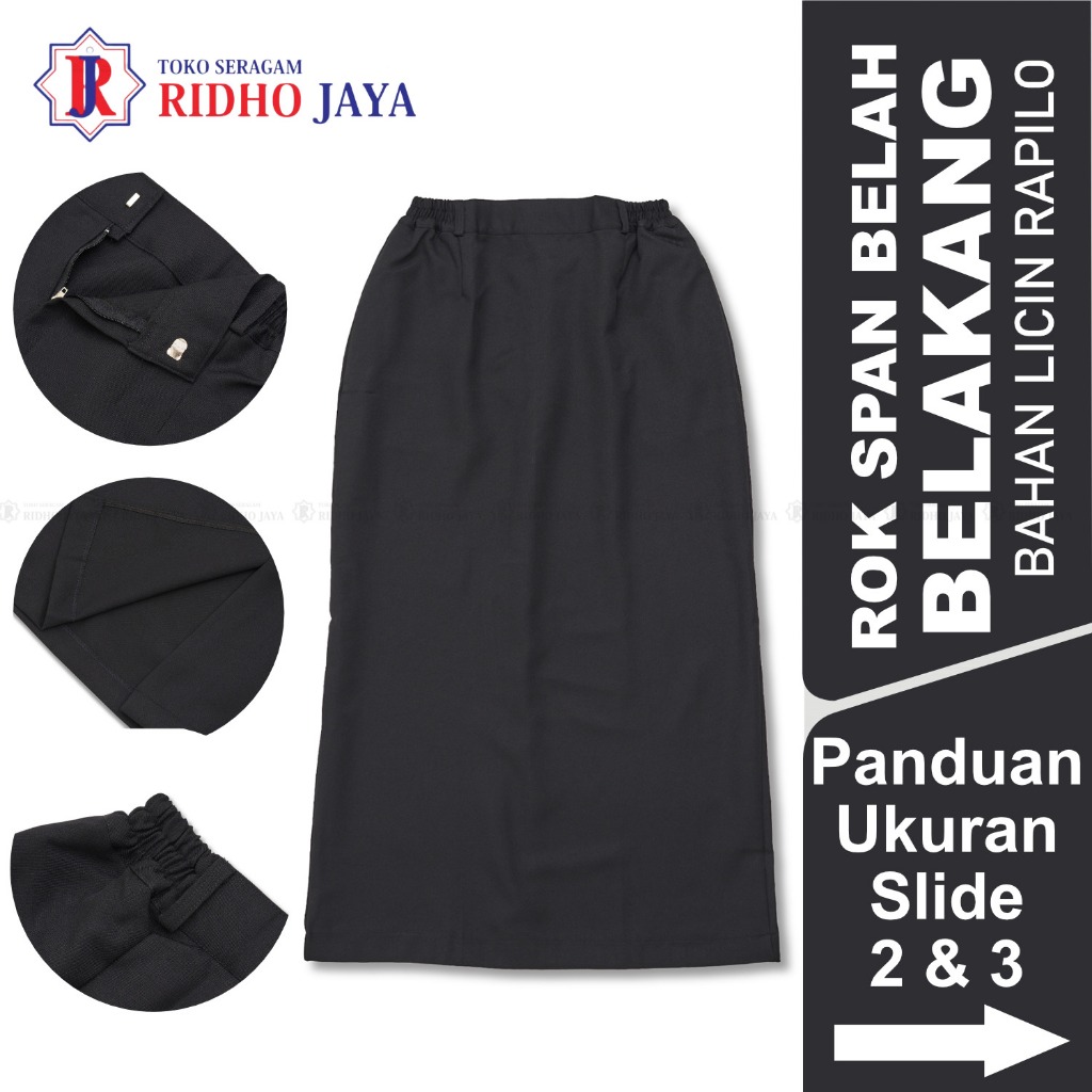 RIDHO JAYA Rok Rapilo Rafilo Span Hitam Belah Belakang | Rok Span Bahan Pasir | Rok Span Bahan Licin