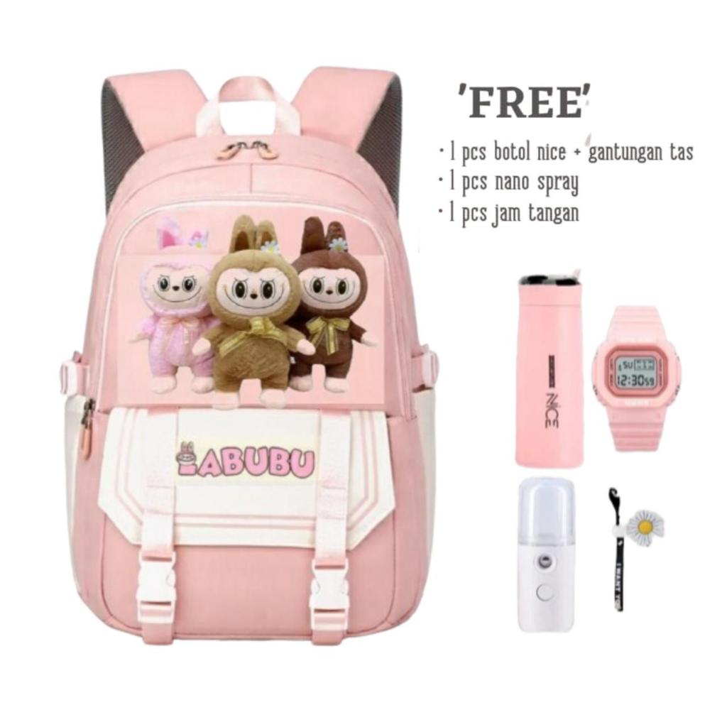 Tas Ransel Anak Perempuan LABUBU TRIPEL Bags Tas Sekolah Anak SD Free Botol Minum Nano Spray Jam