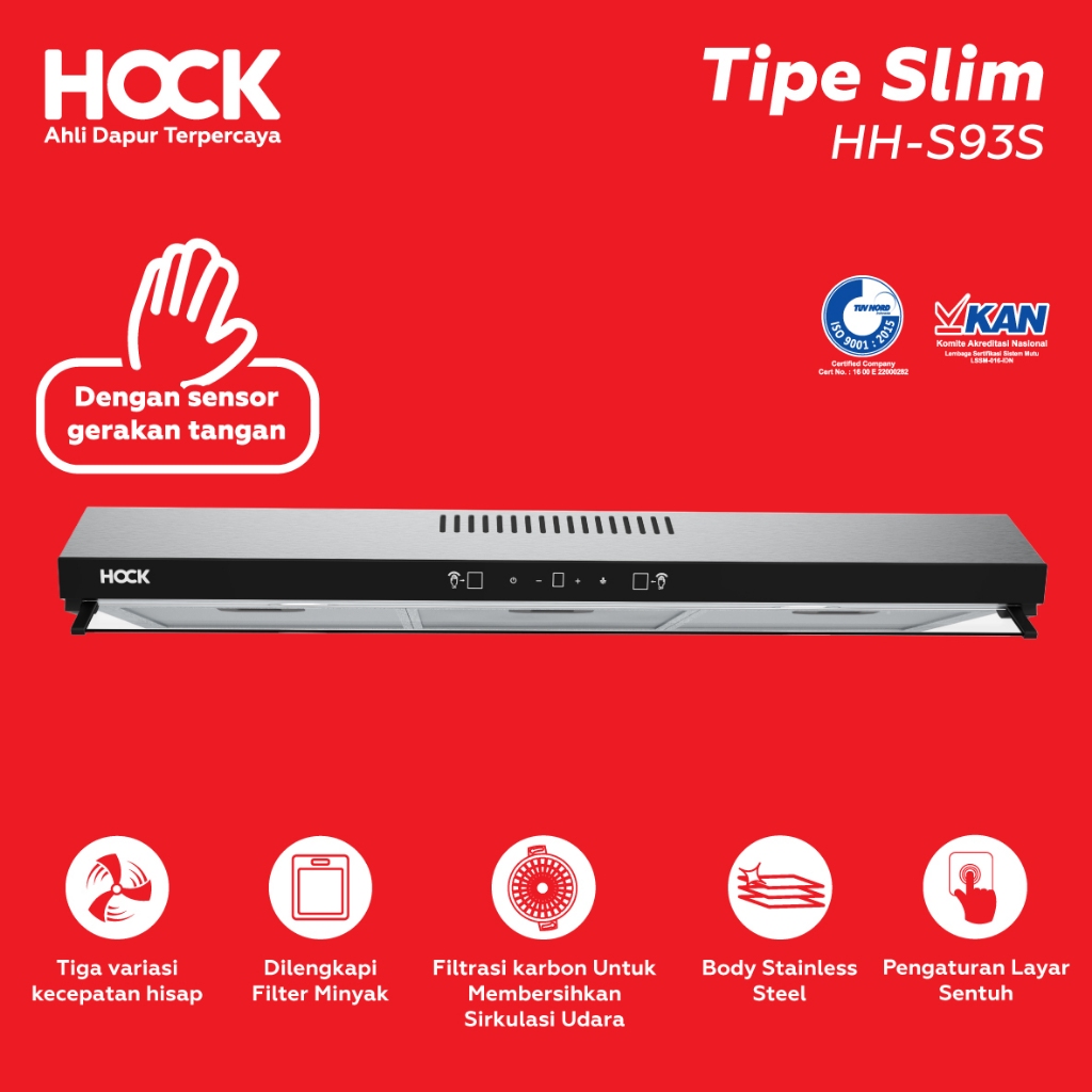 Hock HH-S93S Cooker Hood 90 Cm Full Body Stainless Steel Pengisap Asap Dapur