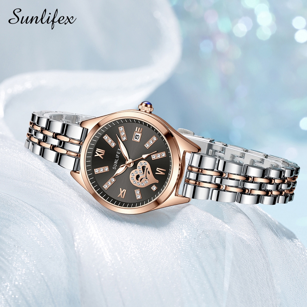 Sunlifex Jam Tangan Wanita Calendar Berlian Elegan Santai Jam Tangan Cewek Original