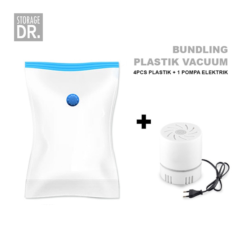 Dr. Storage Set 4pcs Plastik Vacuum Polos Biru dan 1pcs Pompa Elektrik Vakum Kompresi Pakaian Travel