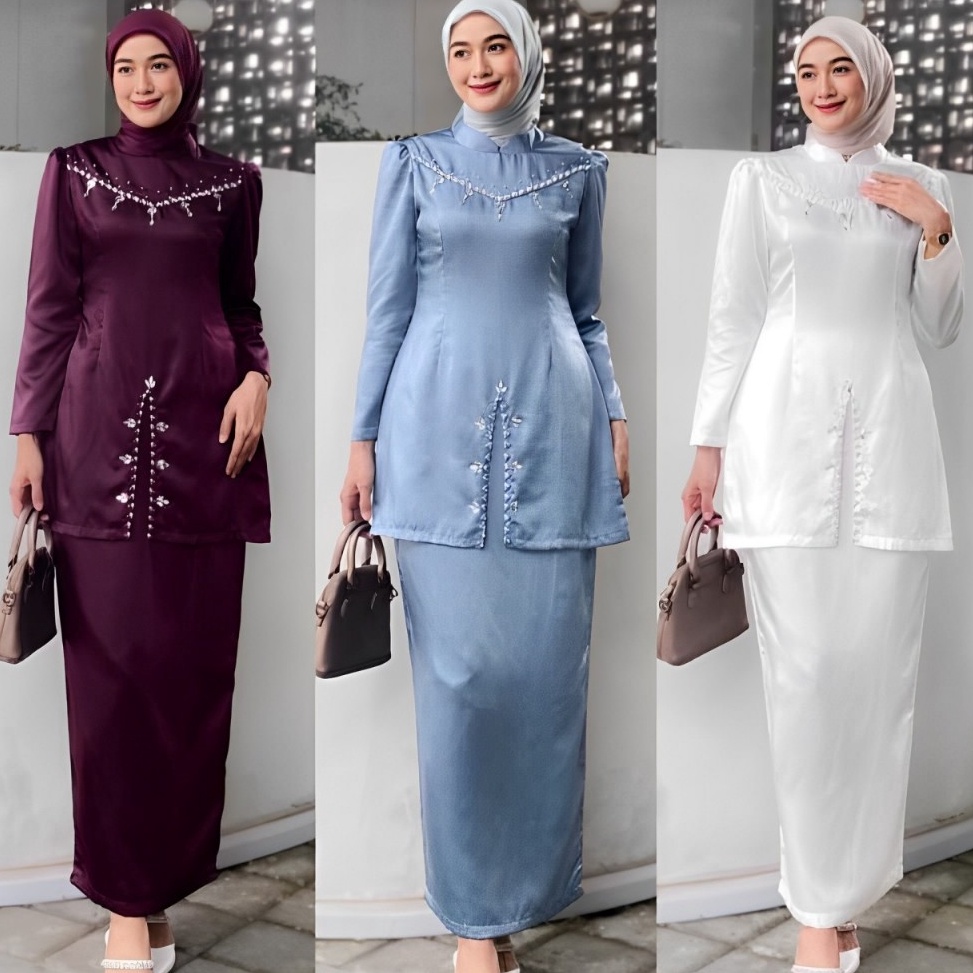 FAYRA Baju Kurung Melayu Malaysia Oneset Kondangan Satin Polos Hiasan Mutiara Dress Pesta Elegan Set