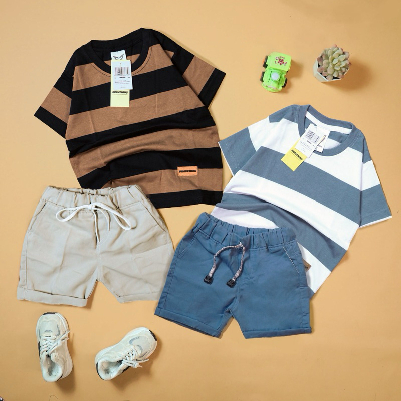 BRAVEKIDS - BROADSTRIPE SETELAN ANAK KAOS DAN CELANA COTTON COMBED 24S SABLON PLASTISOL