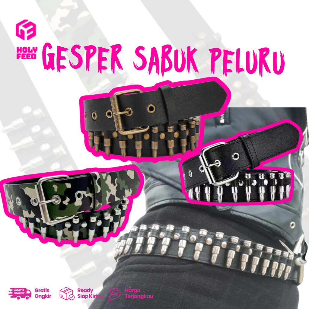 Sabuk Kulit Peluru Gesper Kulit Peluru Amunisi Ikat Pinggang Peluru Bullet  Band Metal Punk Rock