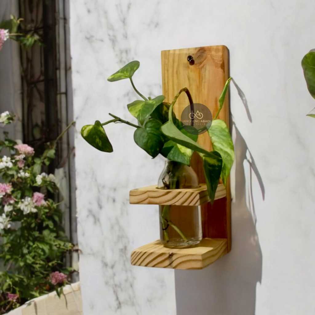 Vas Bunga Botol Gantung Kayu Vas Kaca Gantung Estetik Vas Kaca Mini Standing Pot Kayu