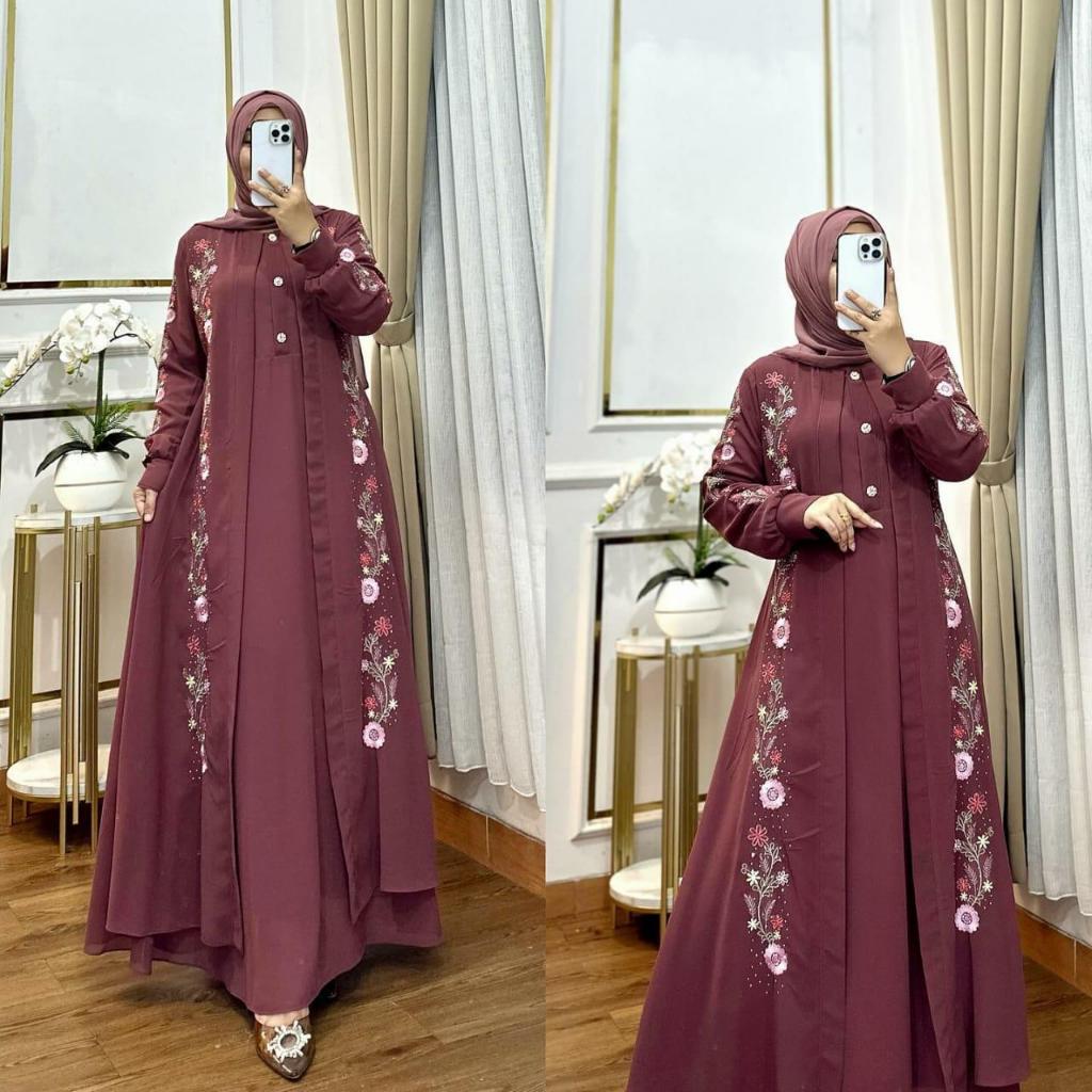 Labella Dress Bahan  Ceruty Babydoll Mix Bordir Dua Layer Kondangan Wanita Dewasa Model Kekinian Gam