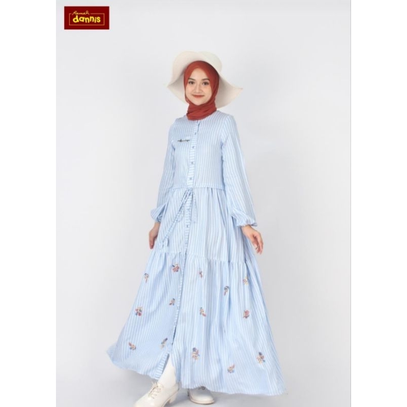 abaya dewasa dannis,motif salur,warna sky blue,,UK.M,XL,terbaru