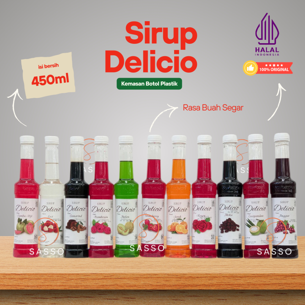 

Delicio Sirup isi 450 ml, Syrup All Varian Minuman Rasa Buah Segar, ASLI HALAL Kemasan Botol Plastik