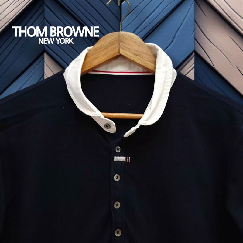 THOM BROWNE polo shirt lengan panjang pria, kaos kerah lengan panjang pria