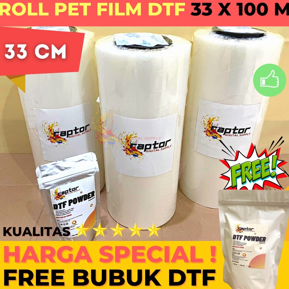 

KODE I37R PET FILM DTF ROLL 33cm x 1m Glossy Premium Quality dgn Tinta DTF powder